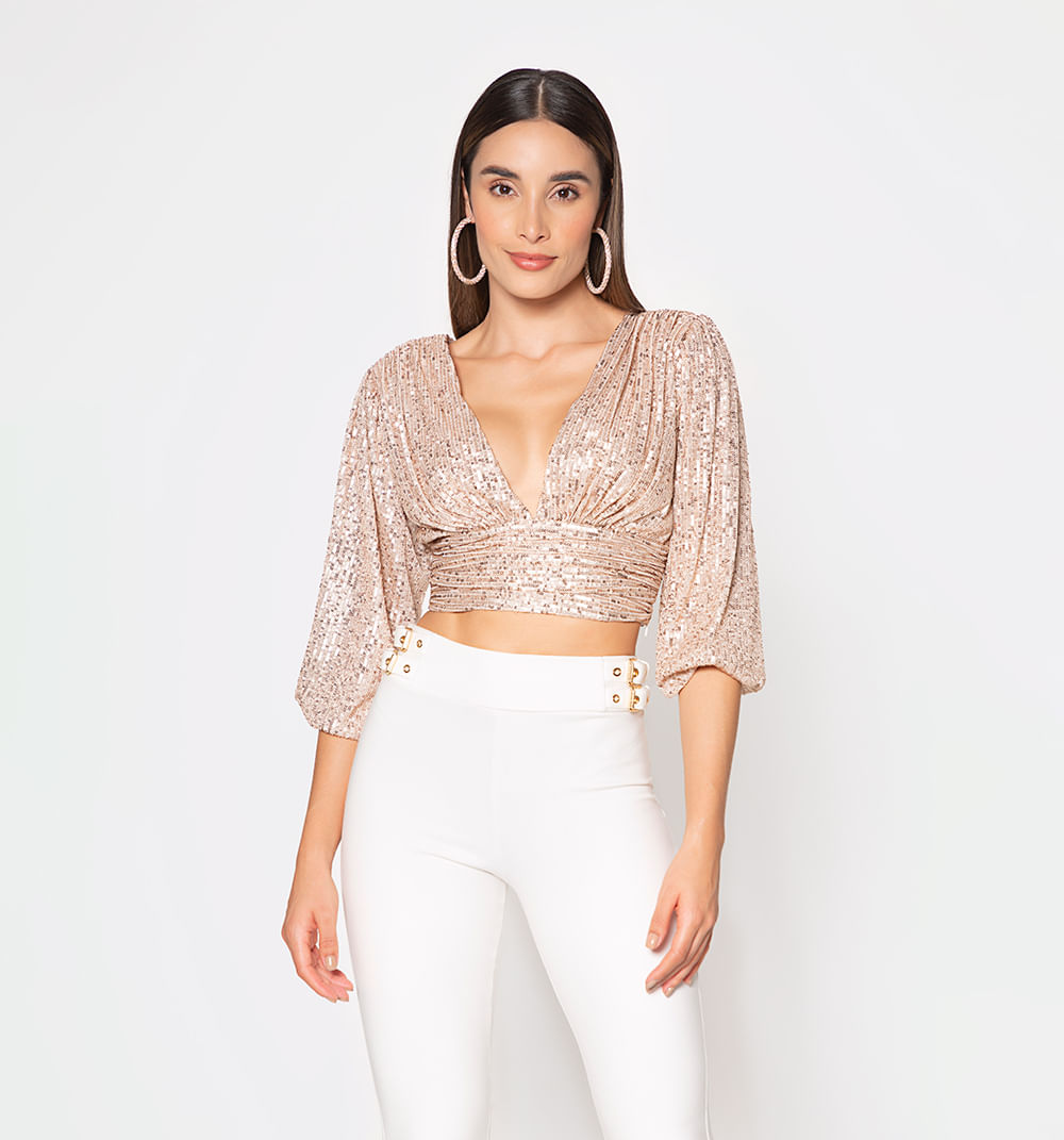 Blusa de lentejuela en v manga 3/4