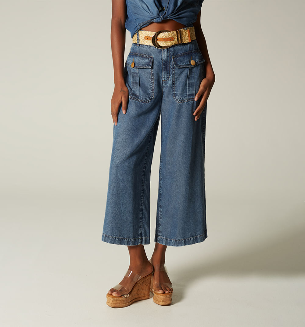 Jean culotte cargo, tiro alto con cintur