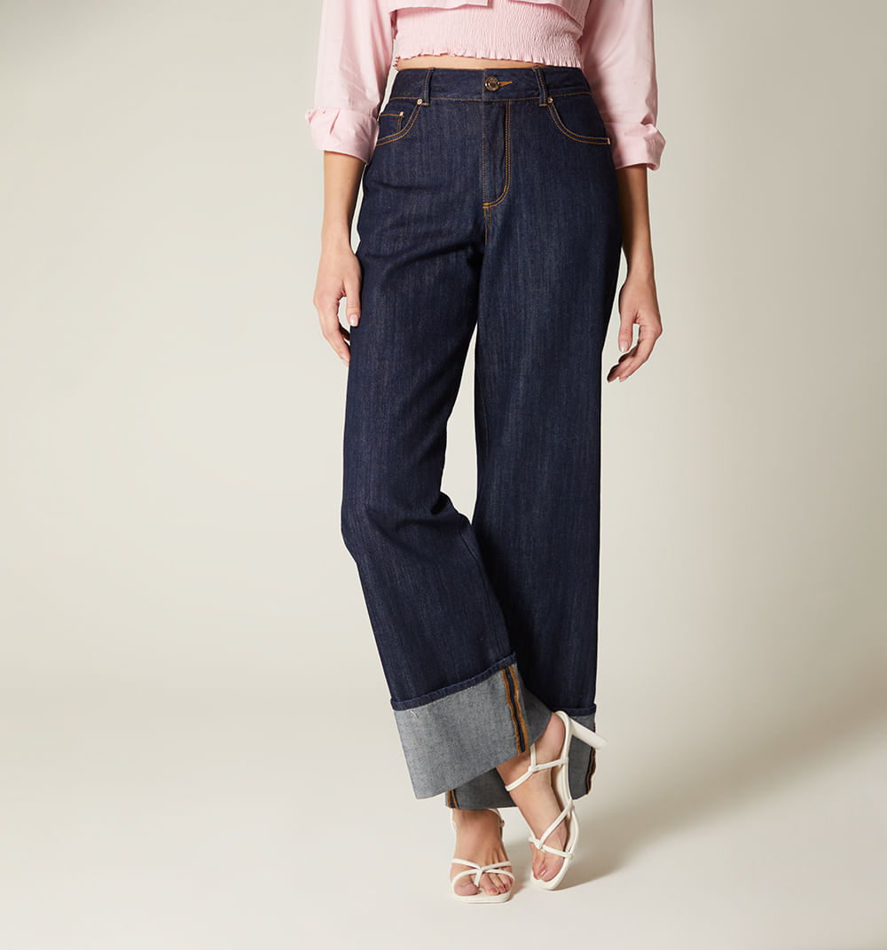 Jean wide leg, tiro alto, cinco bolsillo