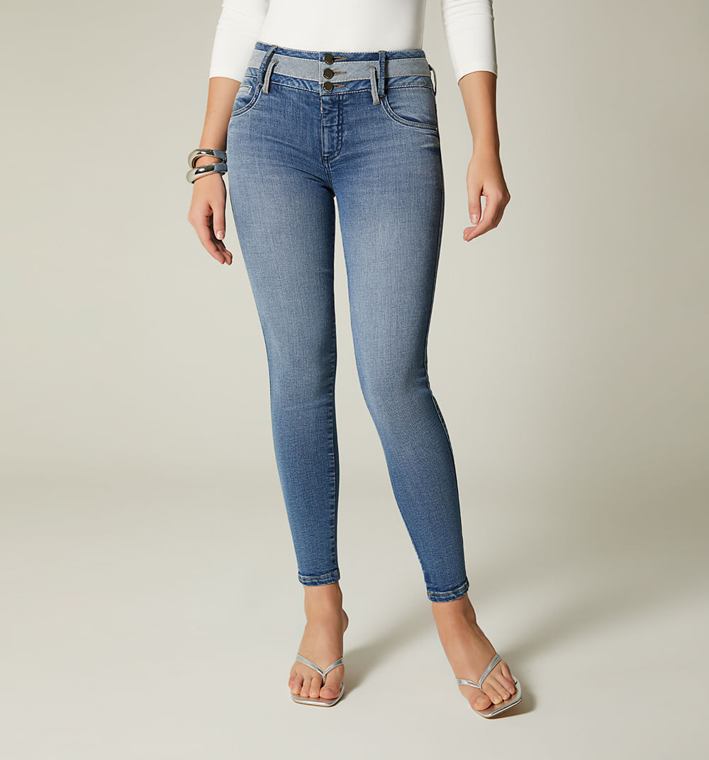 Jean skinny tiro medio, pretina ancha co