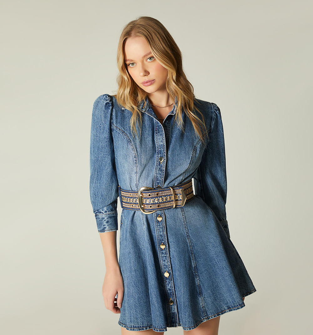 Vestido corto nesgas en denim, manga 3/4