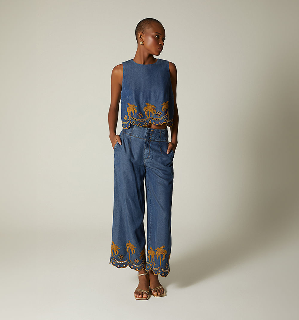 Jean culotte tiro alto bordado en bota
