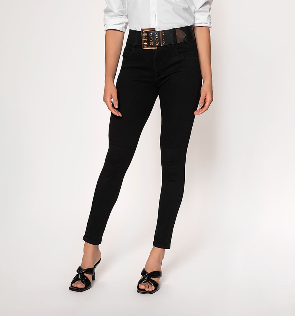 Jean skinny tiro alto, cinco bolsillos, pretina ancha, correa con ojaletes
