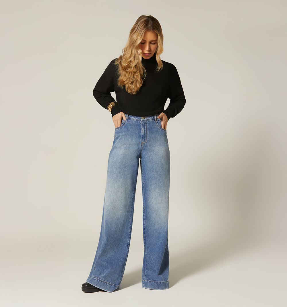 Jean  palazo tiro alto cinco bolsillos