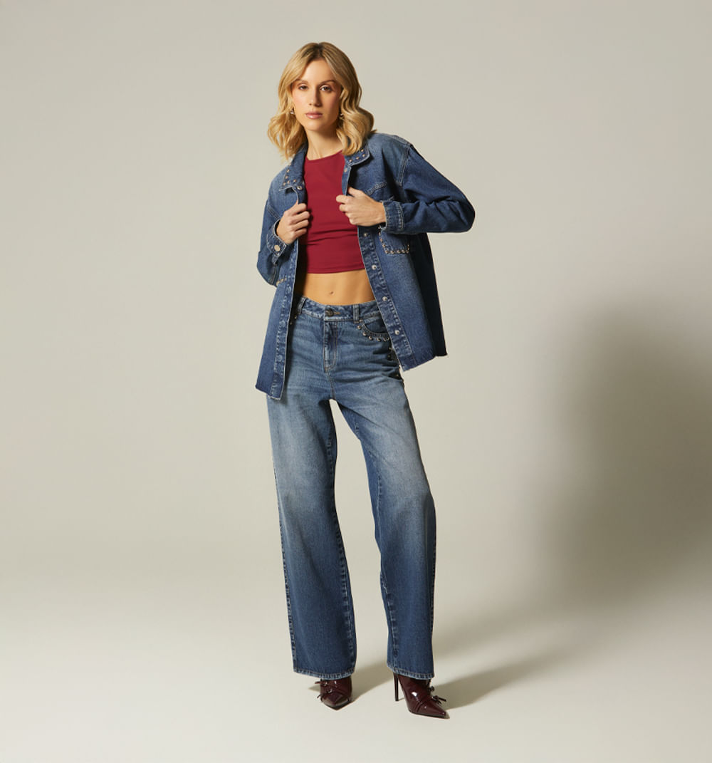 Jean bota recta cinco bolsillos taches