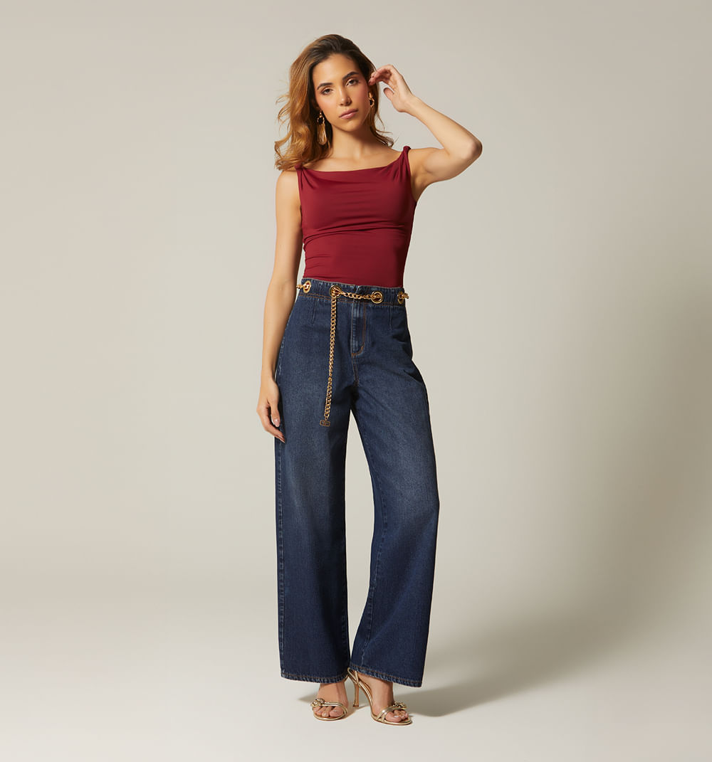 Jean bota recta tiro super alto ojaletes