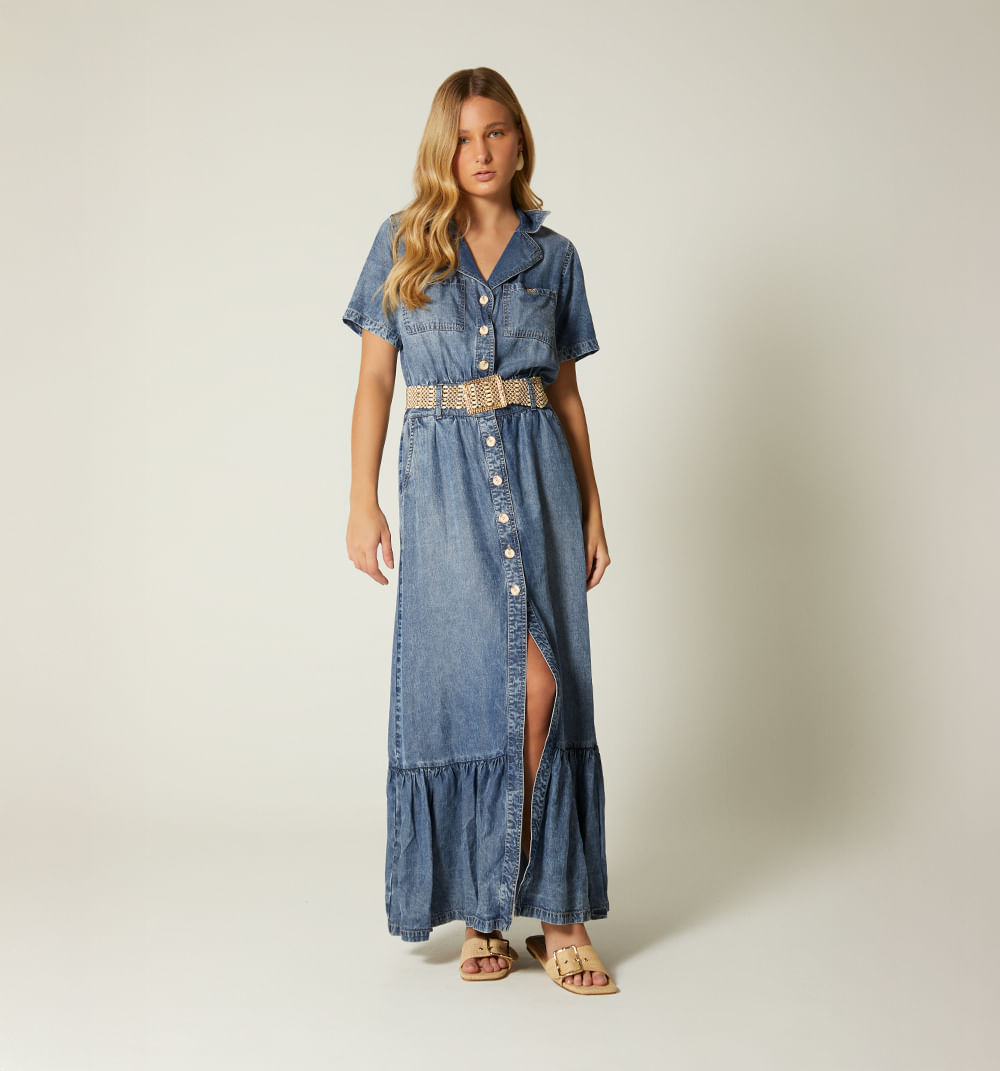 Vestido largo manga corta con cinturon