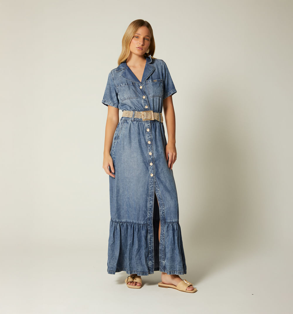 Vestido largo manga corta con cinturon