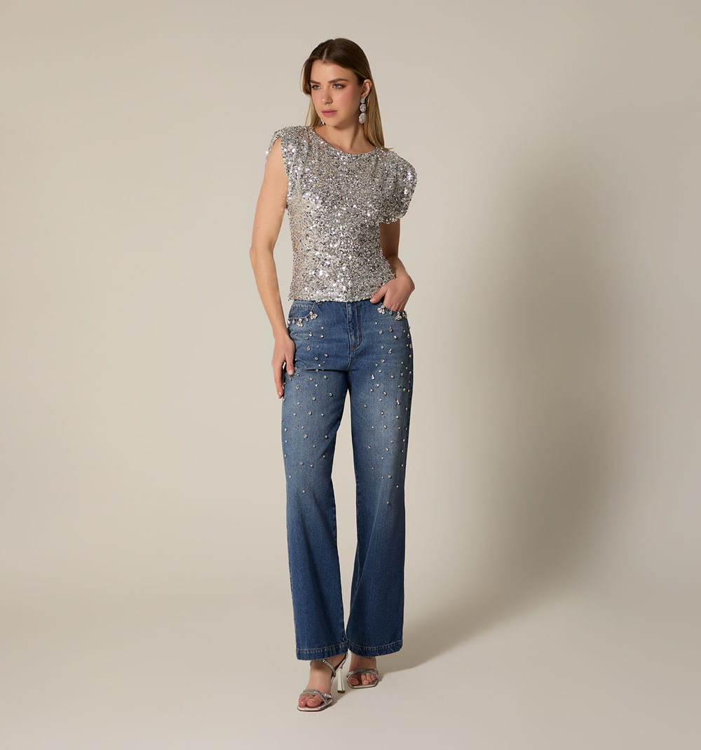 Jean bota recta tiro alto con cristales