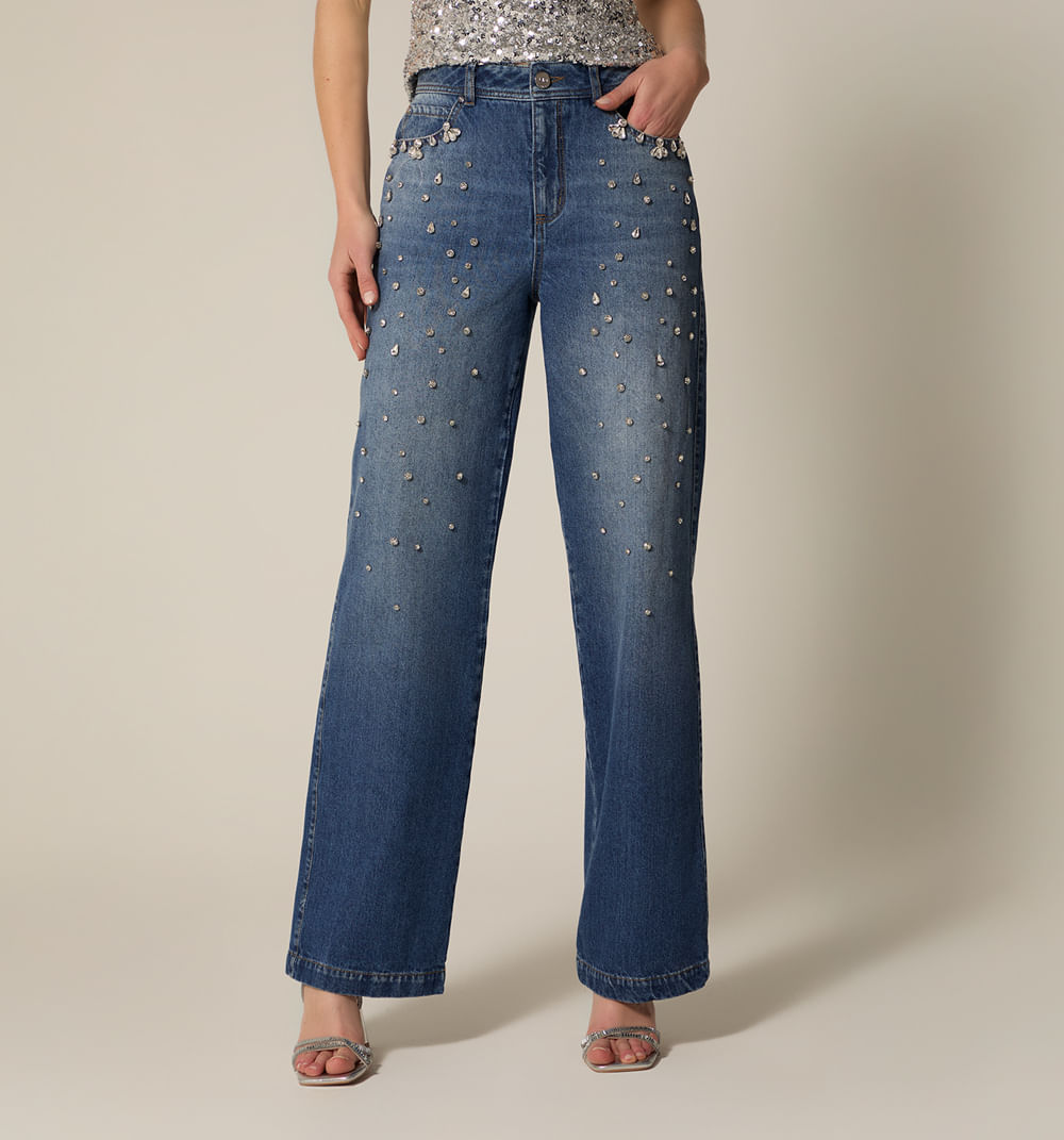 Jean bota recta tiro alto con cristales